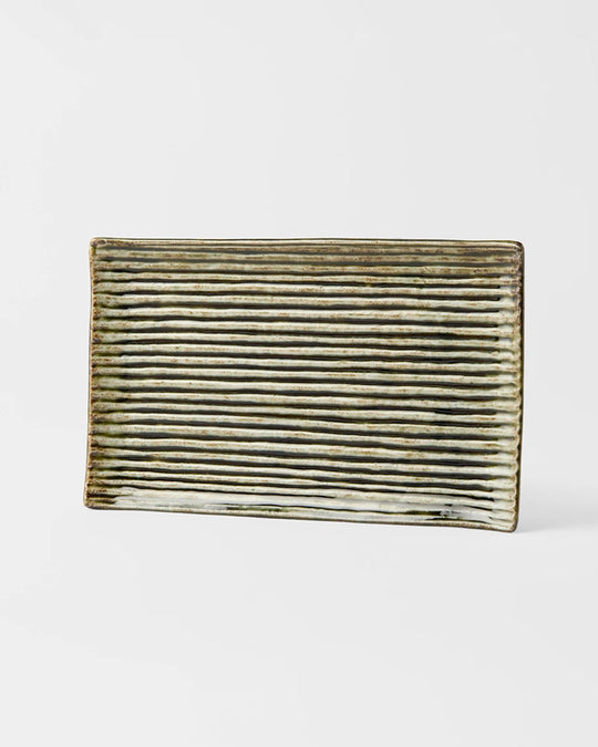 Rectangular Sushi Plate with a Green and White Contoured Glaze offering plenty of space for sashimi or other appetisers.
