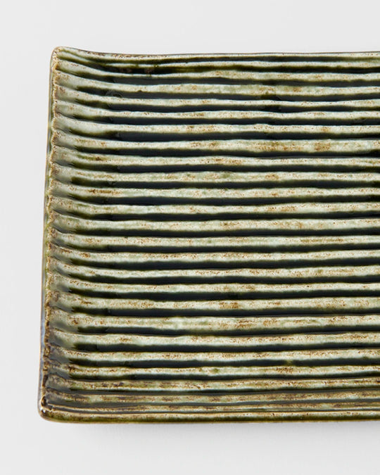 Rectangular Sushi Plate with a Green and White Contoured Glaze offering plenty of space for sashimi or other appetisers.
