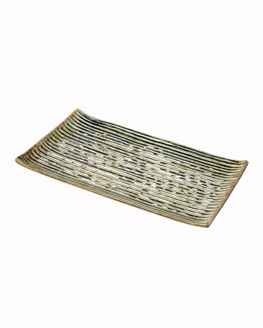 Rectangular Sushi Plate with a Green and White Contoured Glaze offering plenty of space for sashimi or other appetisers.
