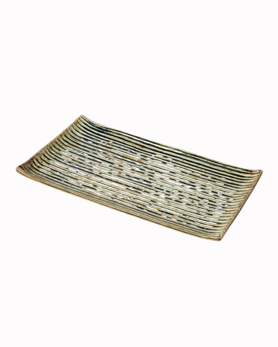 Rectangular Sushi Plate with a Green and White Contoured Glaze offering plenty of space for sashimi or other appetisers.