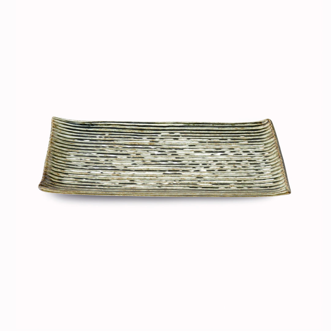 Rectangular Sushi Plate with a Green and White Contoured Glaze offering plenty of space for sashimi or other appetisers.