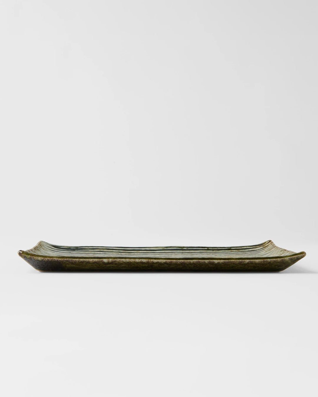 Rectangular Sushi Plate with a Green and White Contoured Glaze offering plenty of space for sashimi or other appetisers.