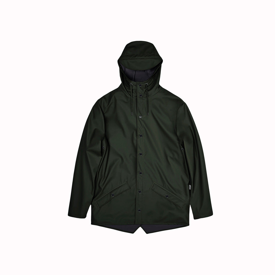 Contemporary unisex rain jacket from Danish Outerwear and Lifestyle company Rains. This green jacket is characterized by a minimal silhouette with high functionality.