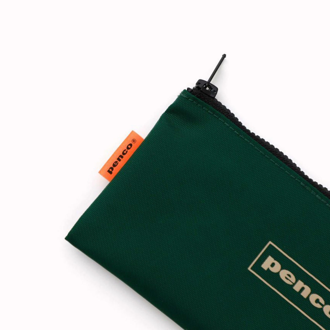 Dark Green flat nylon pencil case with an 'L' zipper for easier access to internal contents. Storage for pens, pencils or even use for toiletries such as a toothbrush or make up brushes