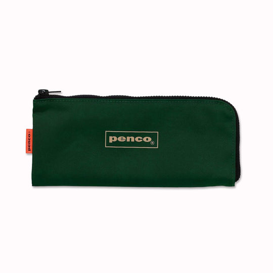 Dark Green flat nylon pencil case with an 'L' zipper for easier access to internal contents. Storage for pens, pencils or even use for toiletries such as a toothbrush or make up brushes