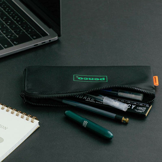 Dark Green flat nylon pencil case with an 'L' zipper for easier access to internal contents. Storage for pens, pencils or even use for toiletries such as a toothbrush or make up brushes