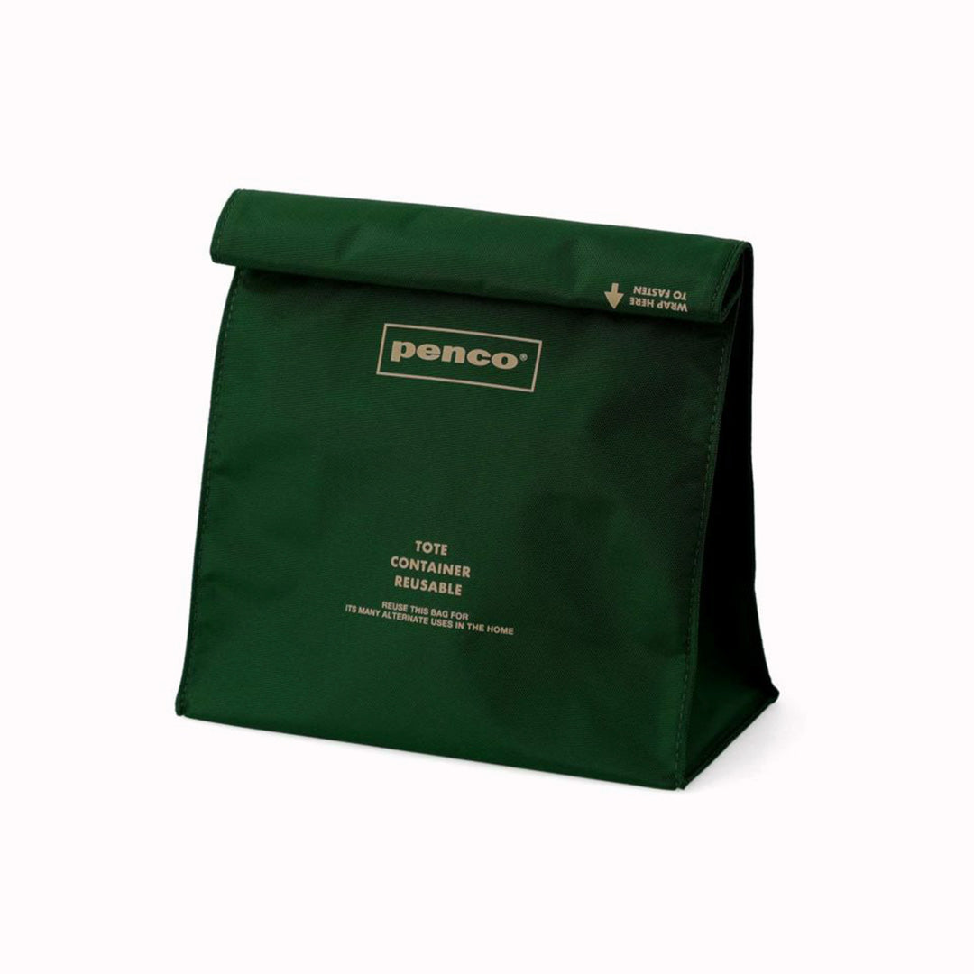 Green Roll Top Pouch from Penco, offers a convenient seal by rolling up the top similar to a paper bag.