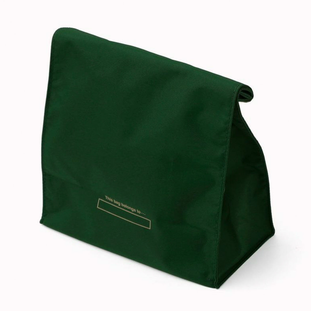 Green Roll Top Pouch from Penco, offers a convenient seal by rolling up the top similar to a paper bag.