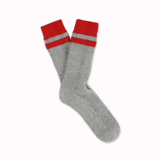 Cashmere blend socks by Belgium based Escuyer, with a Grey base colour and Red stripes. Designed for comfort and warmth during the cooler months