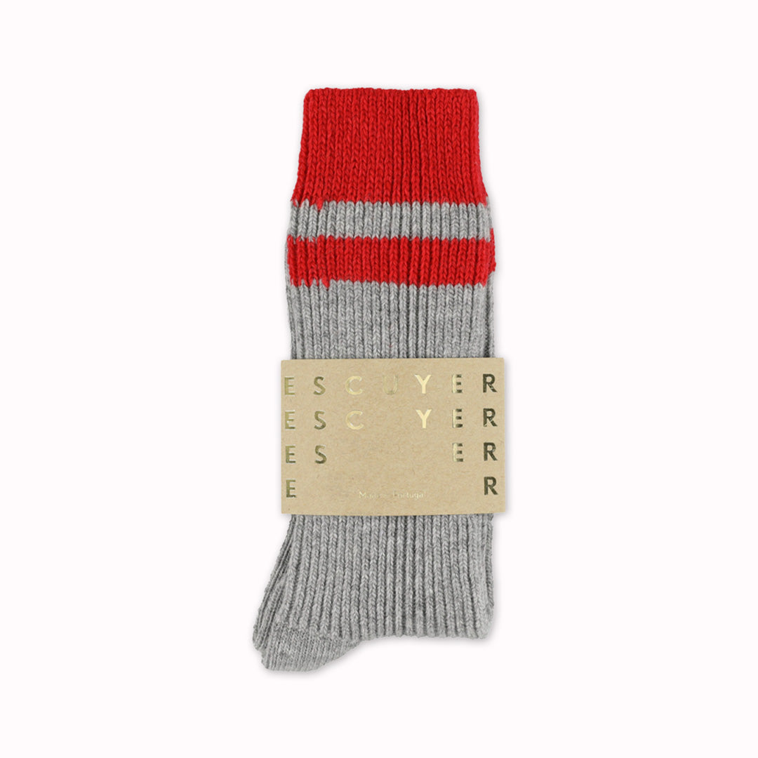 Cashmere blend socks by Belgium based Escuyer, with a Grey base colour and Red stripes. Designed for comfort and warmth during the cooler months