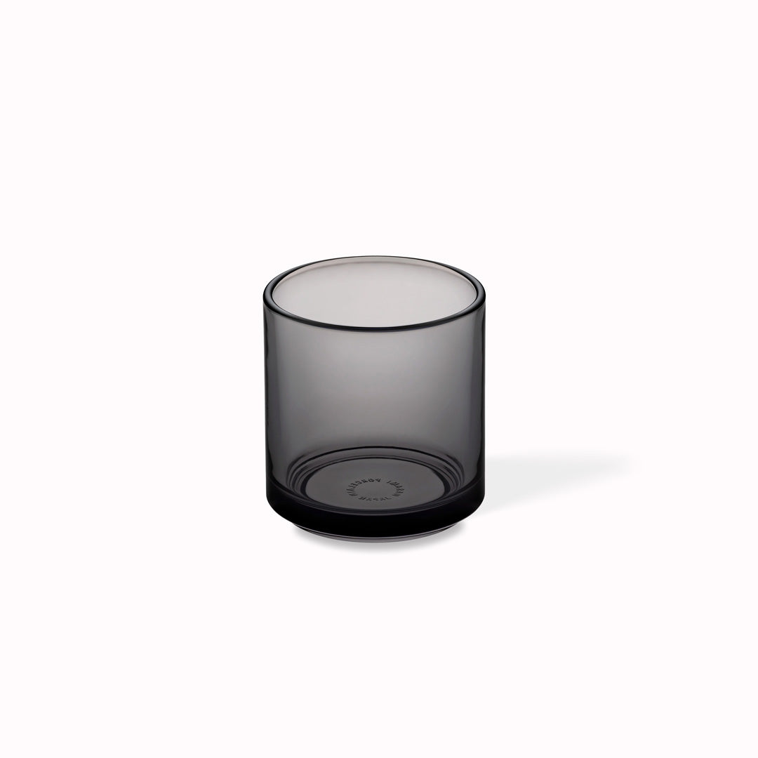 Grey glass tumbler by Hasami Porcelain is a stackable glass with clean lines and a minimalist feel. 