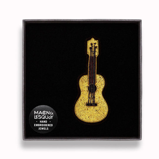 Make a statement with this beautiful Guitar hand embroidered decorative lapel pin by Paris based Macon et Lesquoy - box Detail