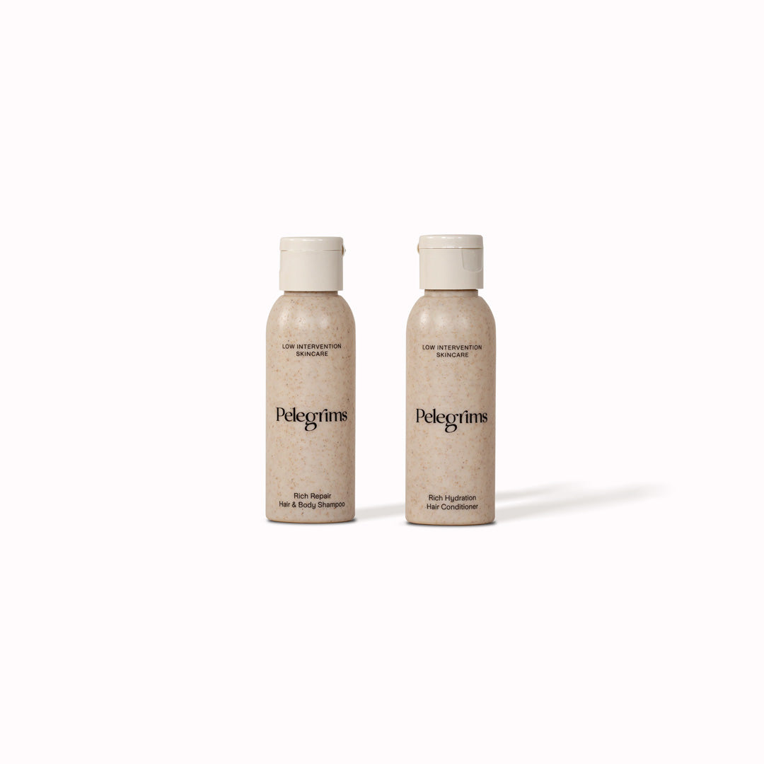A 60ml travel miniature duo for the Pelegrims Shampoo and Conditioner. Ideal for travel or gifting.