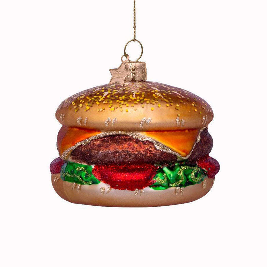 Inject some sparkly fun into your Christmas tree with this hand painted and mouth blown glass Hamburger ornamental Christmas tree decoration by Vondels.