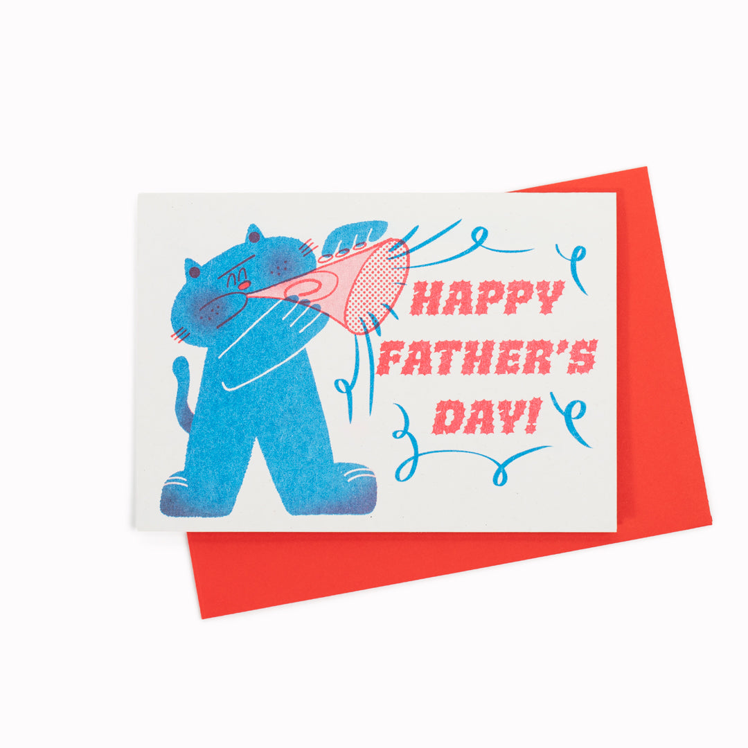 Risograph printed Father's Day Card by Rebecca Buchanan. Bold modern illustration with the printed charm of risograph.
