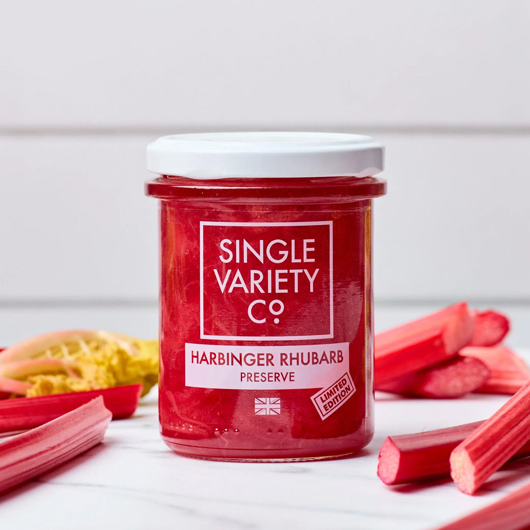 The Limited Edition Harbinger Rhubarb Preserve is a small-batch fruit preserve made with single-variety Harbinger rhubarb sourced from a fourth-generation Yorkshire grower.
