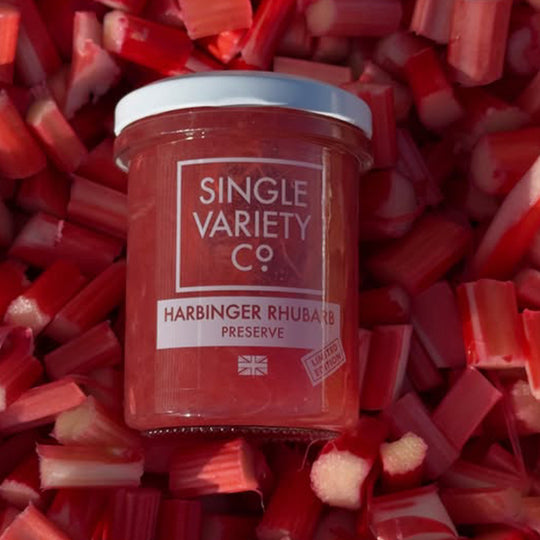 The Limited Edition Harbinger Rhubarb Preserve is a small-batch fruit preserve made with single-variety Harbinger rhubarb sourced from a fourth-generation Yorkshire grower.
