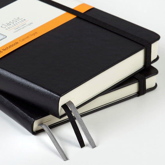 The Moleskine's Classic Notebook range, which traces its origins to the legendary notebooks used by artists and writers over the centuries. The pocket version boasts an elastic closure and matching ribbon bookmark, uses FSC paper and has an expandable inner pocket and lay flat binding AND fits nicely in your bag.