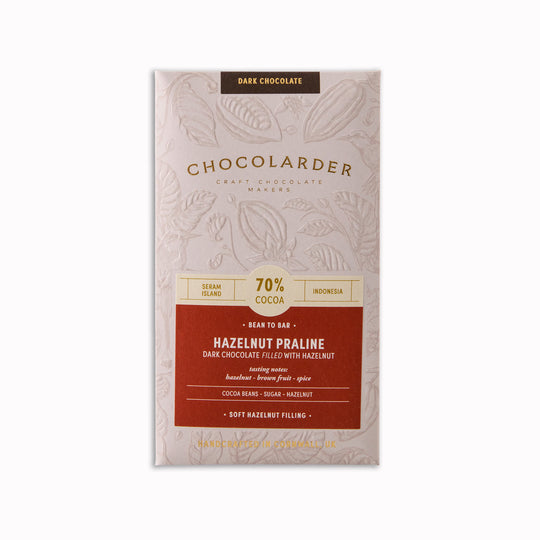 Comforting, rich and deeply nutty. Single Origin Indonesian 70% dark chocolate with smooth Italian hazelnut praline filling.