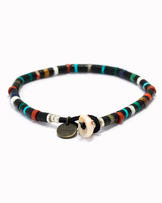 Mikia's handmade Bead bracelet combines black jet with an irregular mix of colour natural stones and shell to create a distinctive beaded necklace with rich variations in colour and texture.