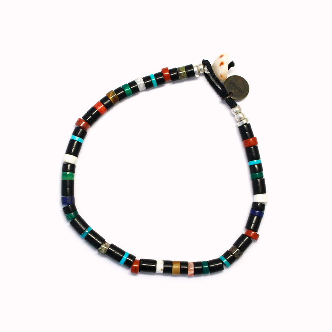Mikia's handmade Bead bracelet combines black jet with an irregular mix of colour natural stones and shell to create a distinctive beaded necklace with rich variations in colour and texture.