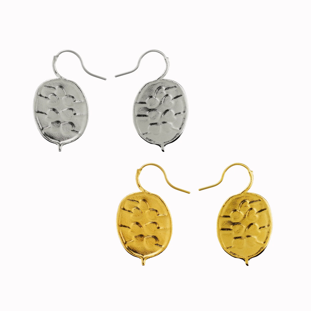 The Honesty Pod hook earrings are inspired by honesty pods (also known as silver dollars) with charming heart shaped seed detail.