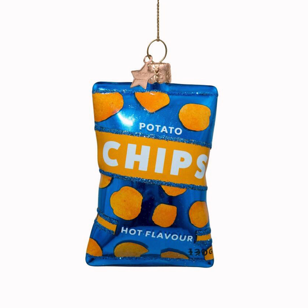 Inject some sparkly fun into your Christmas tree with this hand painted and mouth blown glass Hot flavour Potato Chips&nbsp;ornamental Christmas tree decoration by Vondels.