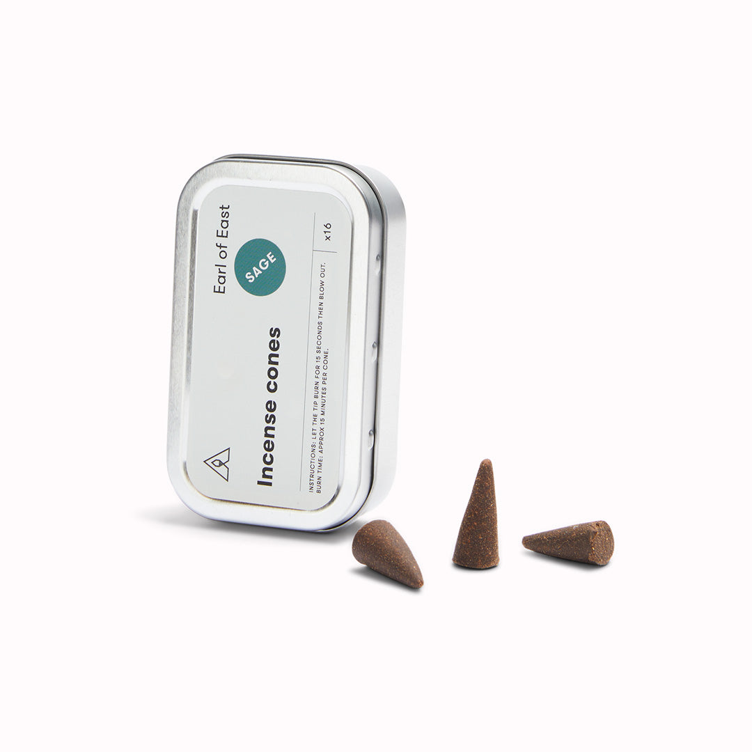 Sage scented incense cones by Earl Of East. With cleansing and purifying properties, sage provides a reassuring aroma. To ignite, light the tip and allow to burn for 15 seconds then blow out. Burn time approx 15 mins per cone.