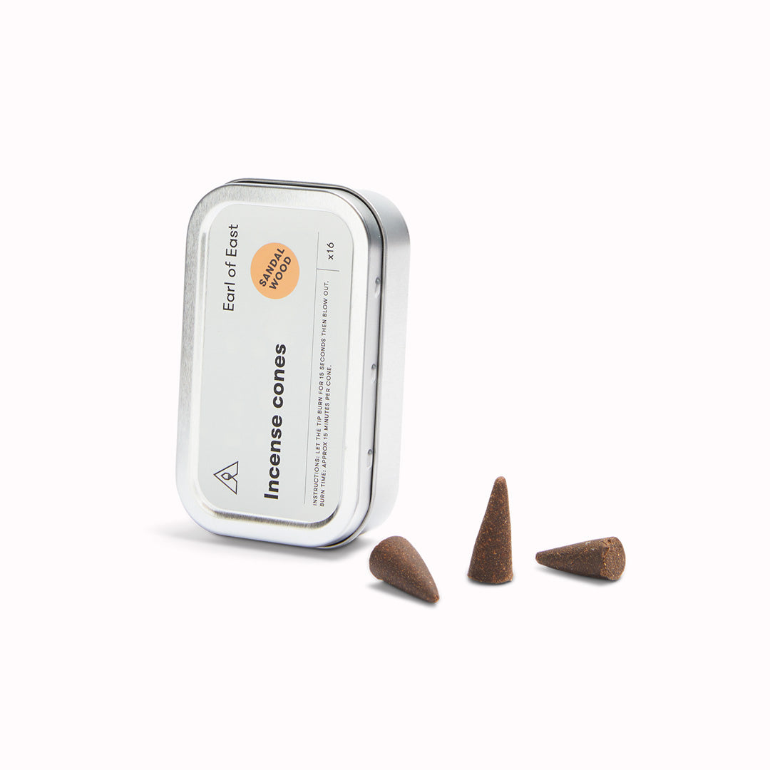 Sandalwood incense cones by Earl Of East. With therapeutic properties, sandalwood provides a calming aromatic scent. To ignite, light the tip and allow to burn for 15 seconds then blow out. Burn time approx 15 mins per cone.