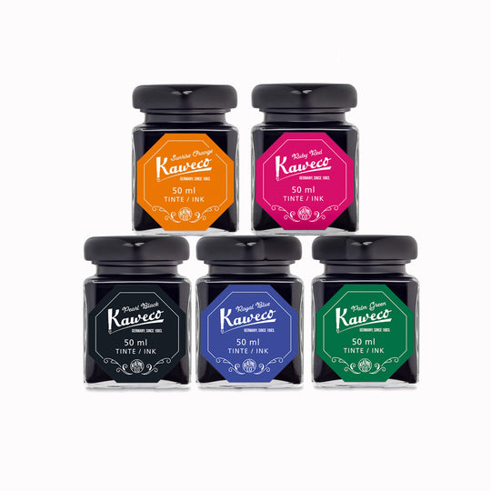 Unleash your creativity with Kaweco’s premium ink collection. Featuring vibrant shades of Black, Royal Blue, Palm Green, Ruby Red and Sunrise Orange
