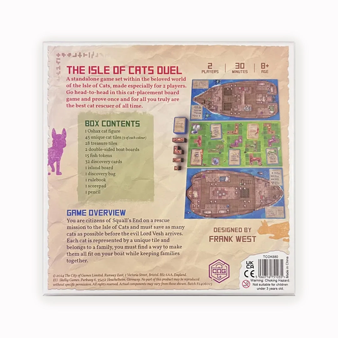 Box Rear - The Isle of Cats Duel is a competitive, standalone game designed specifically for two players, set in the beloved world of The Isle of Cats.