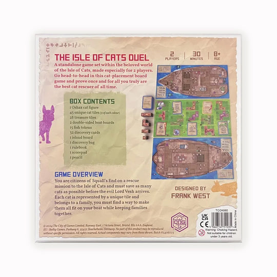 Box Rear - The Isle of Cats Duel is a competitive, standalone game designed specifically for two players, set in the beloved world of The Isle of Cats.