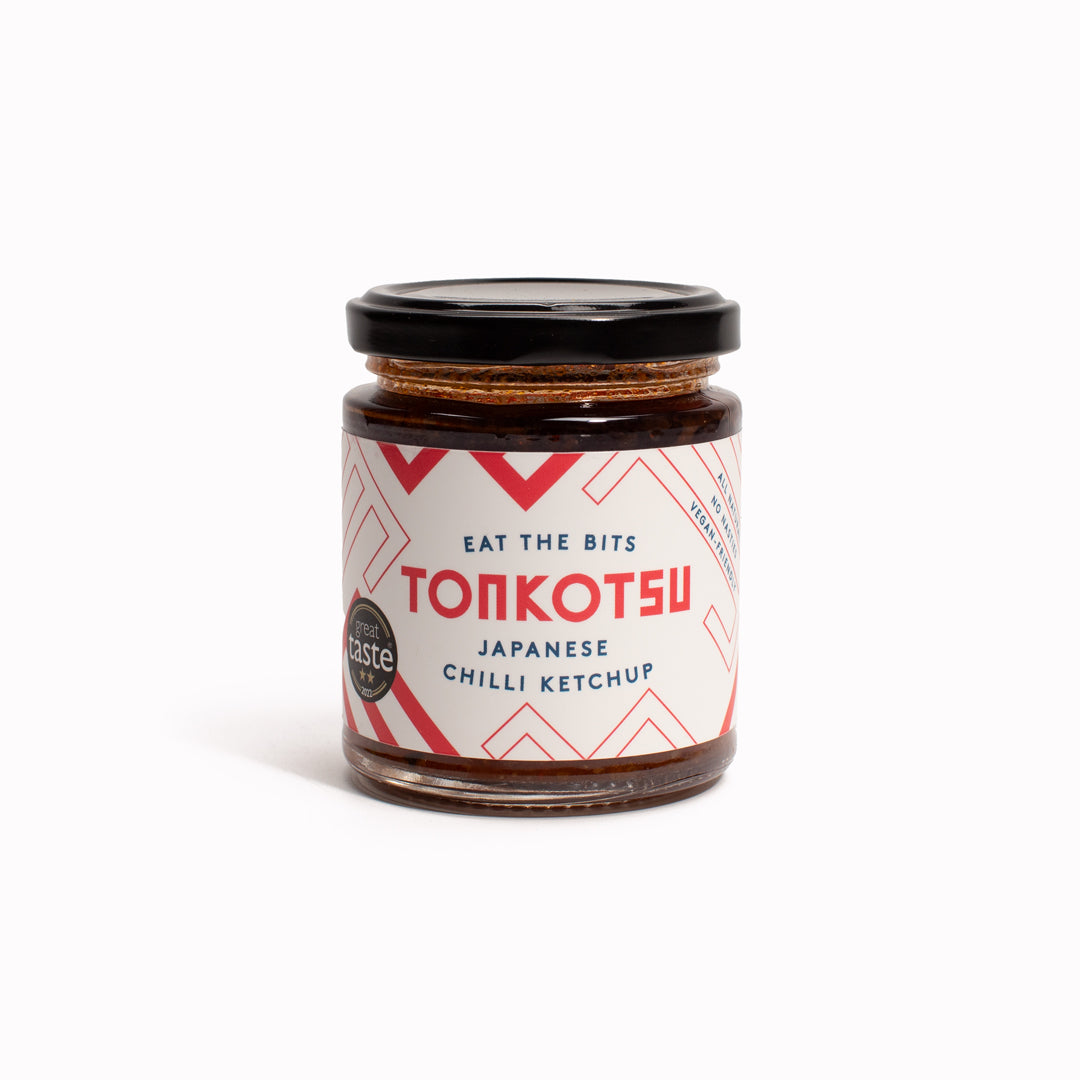 A jar of Tonkotsu Japanese Chilli Ketchup, 190ml on white background