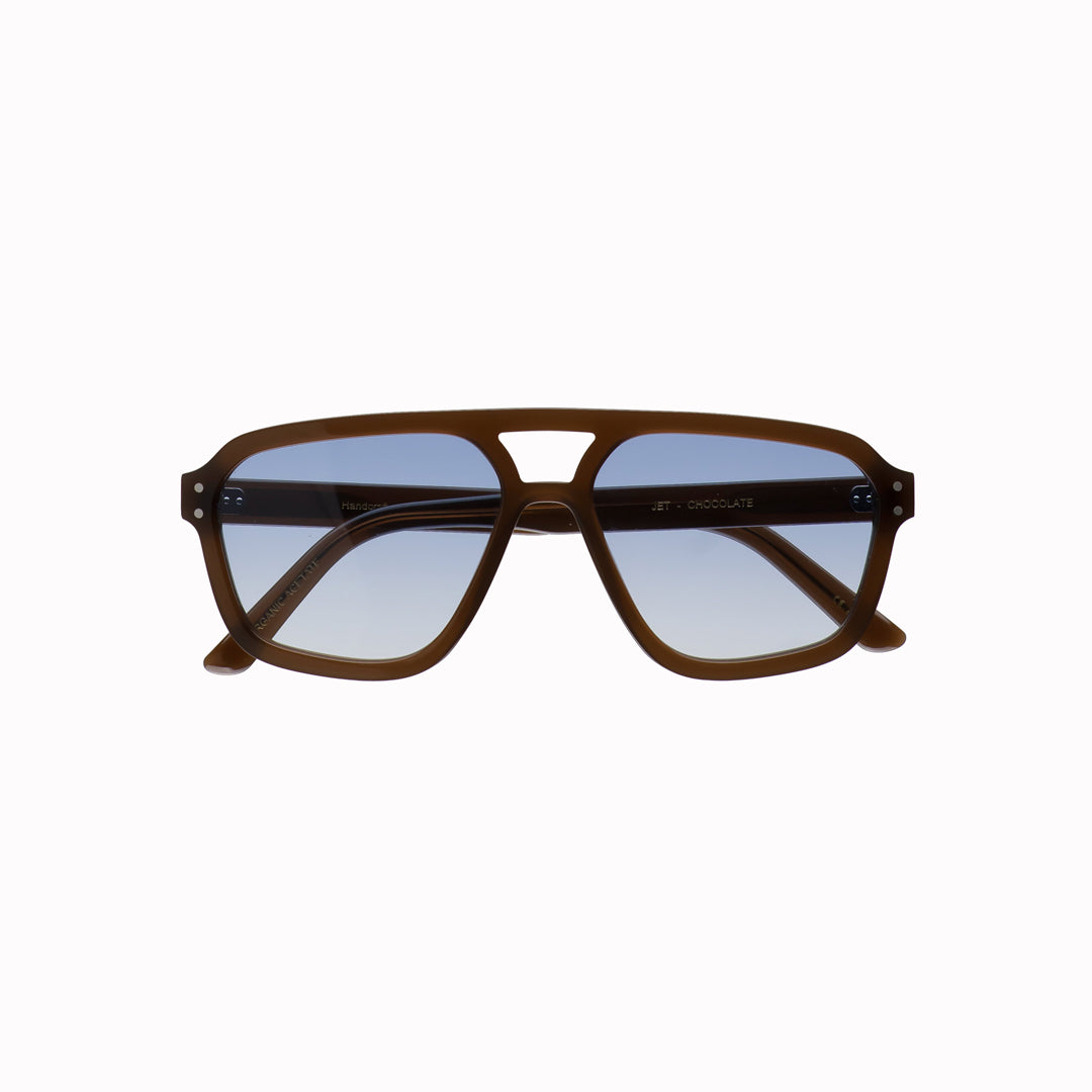 Retro, vintage 1970's style large aviator style black framed sunglasses with a blue gradient lens colour