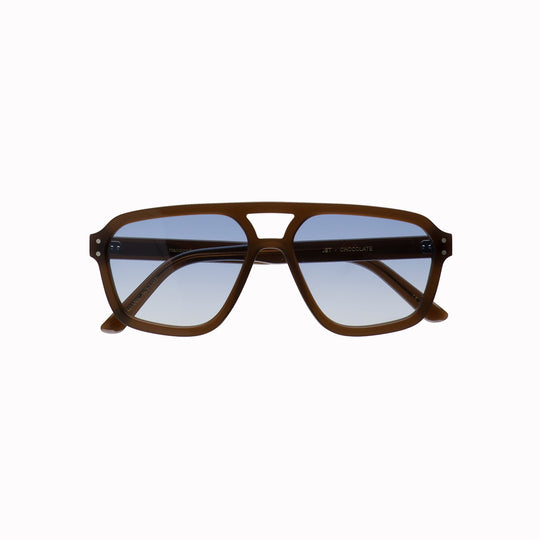 Retro, vintage 1970's style large aviator style black framed sunglasses with a blue gradient lens colour
