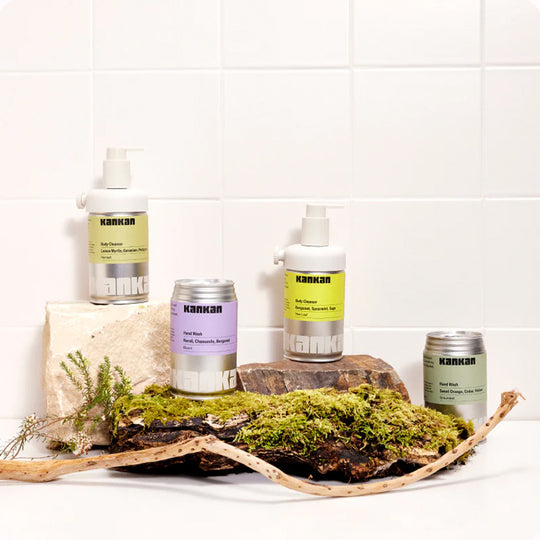 Collection of Body Cleansers and Handwash. Kankan have a beautifully simple idea. Botanically rich, all natural washes in infinitely recyclable cans.