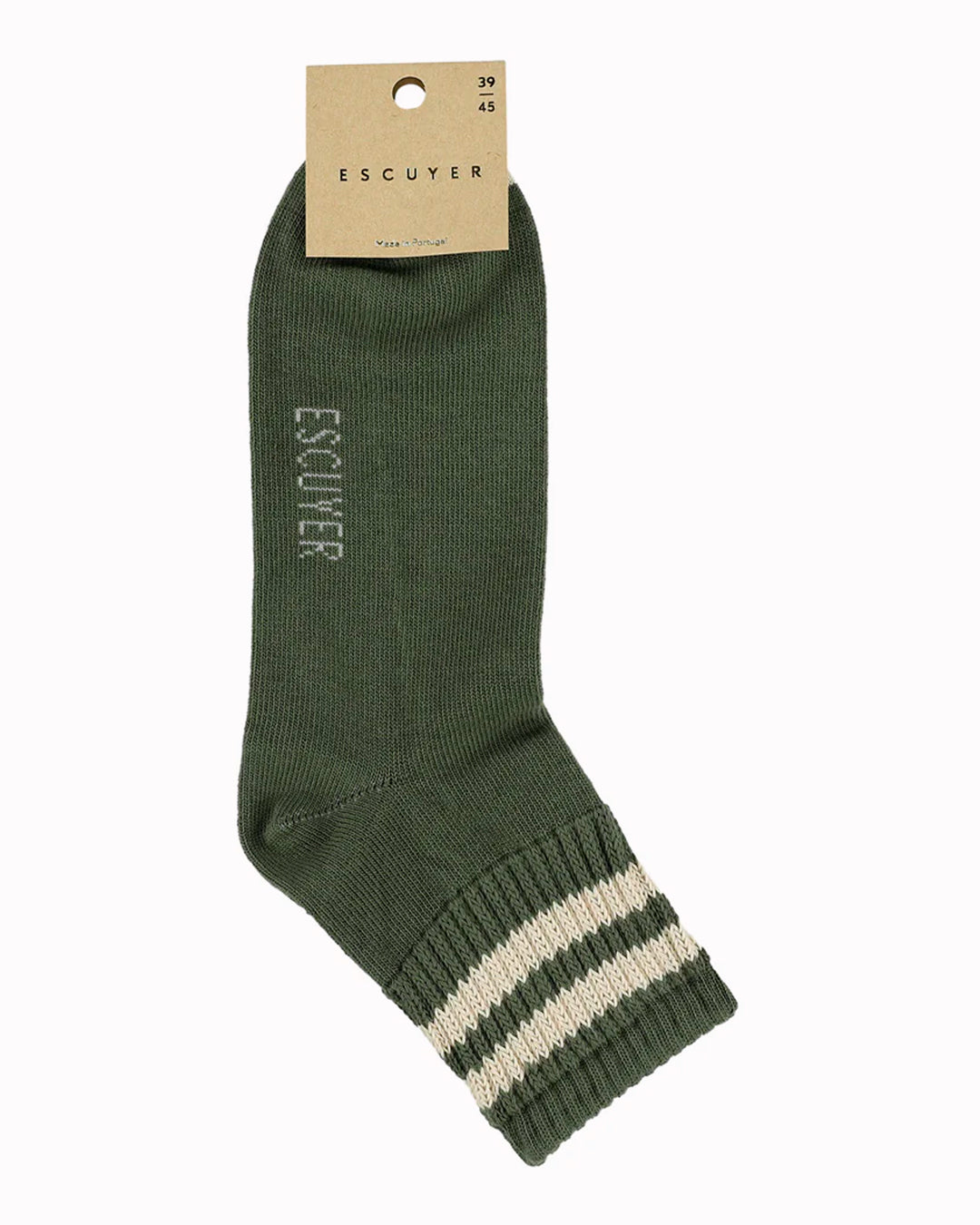 Ankle-length crew socks in khaki green with ecru stripes. A short retro / vintage inspired style for the warmer months of the year.&nbsp;