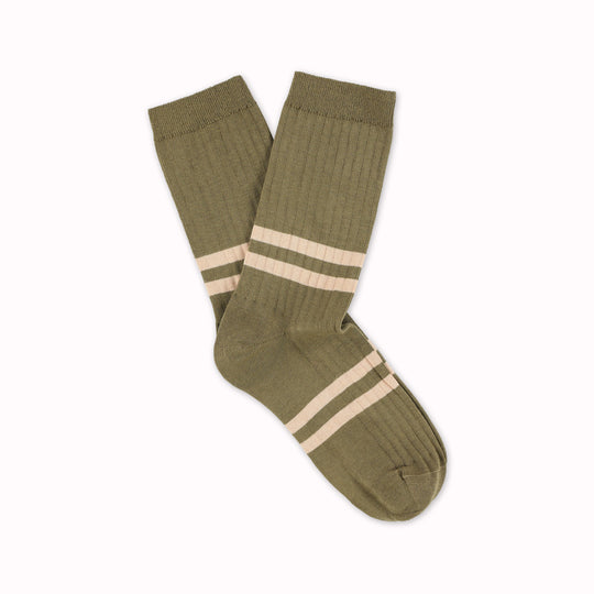 Striped Crew Socks | Khaki + Pink | UK3.5-7