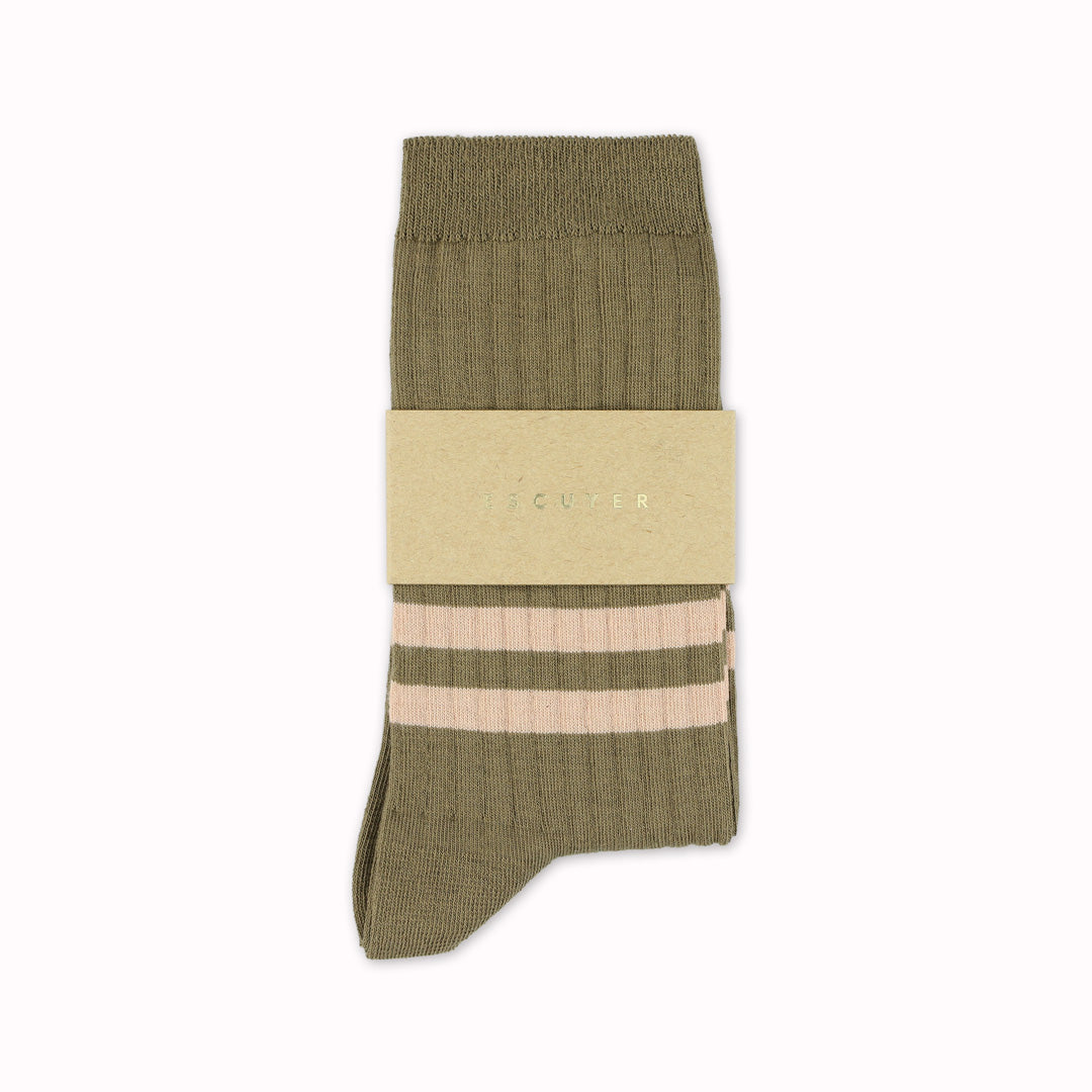 Striped Crew Socks | Khaki + Pink | UK3.5-7