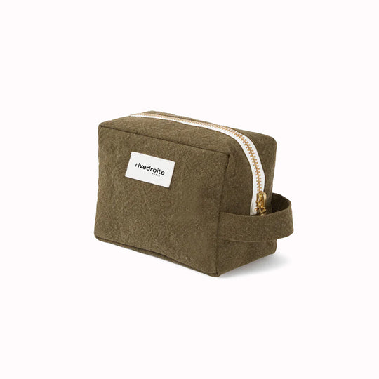 Khaki/Military Green Tournelles bag from Parisian brand Rive Droite is a compact everyday toiletry make up bag made from re-cycled cotton. Viewed from an angle
