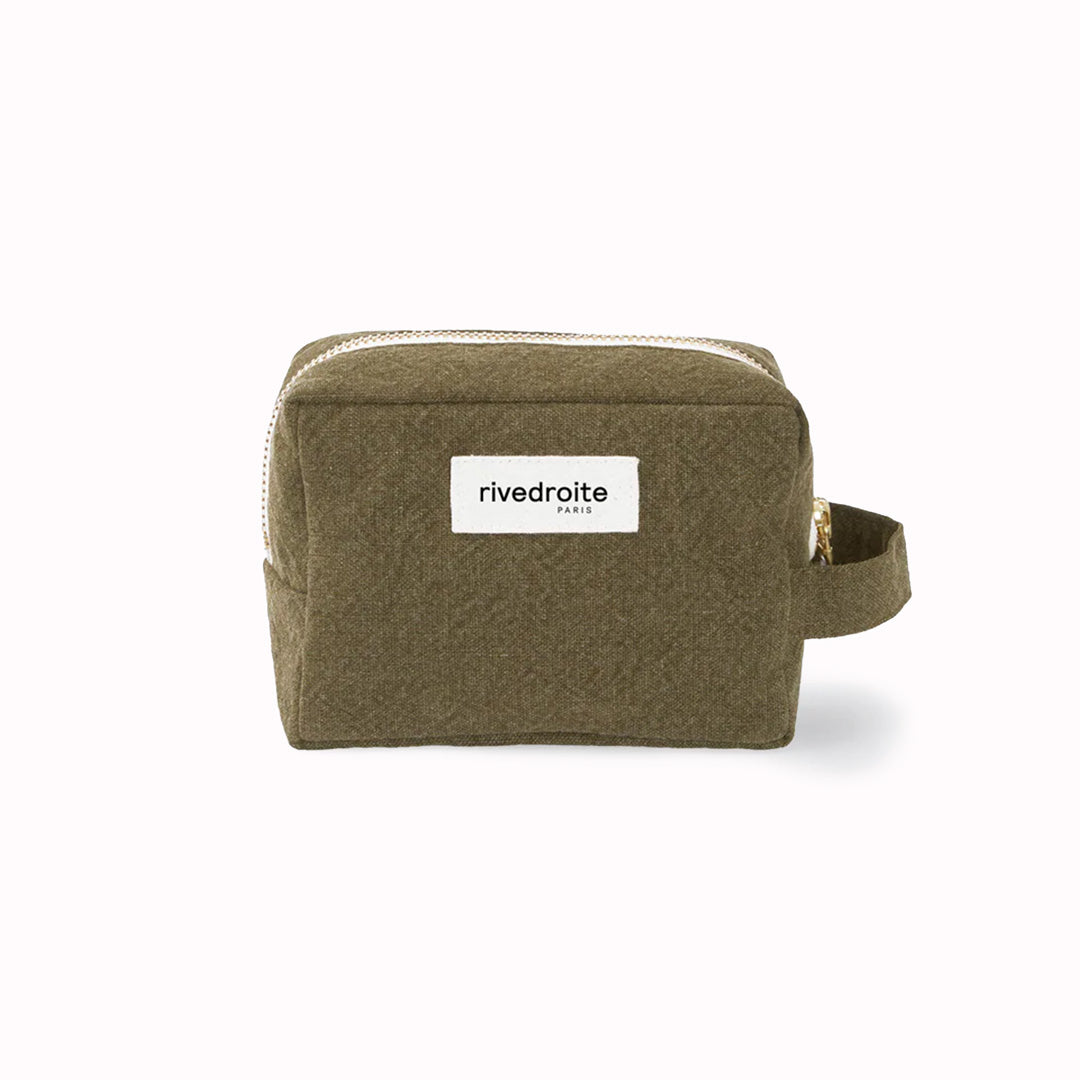 Khaki/Military Green Tournelles bag from Parisian brand Rive Droite is a compact everyday toiletry make up bag made from re-cycled cotton.