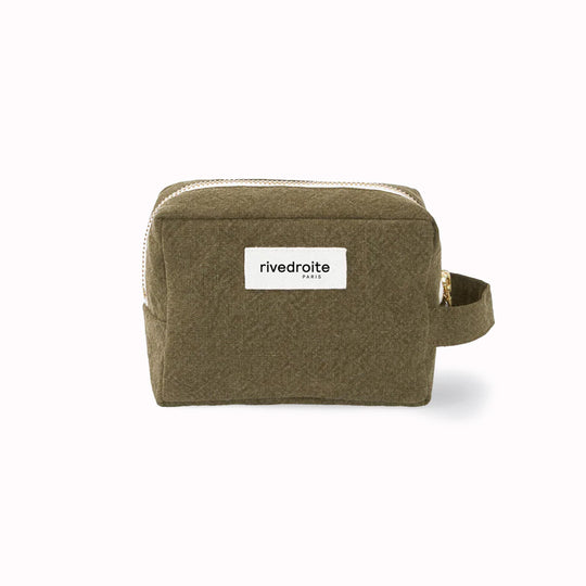 Khaki/Military Green Tournelles bag from Parisian brand Rive Droite is a compact everyday toiletry make up bag made from re-cycled cotton.