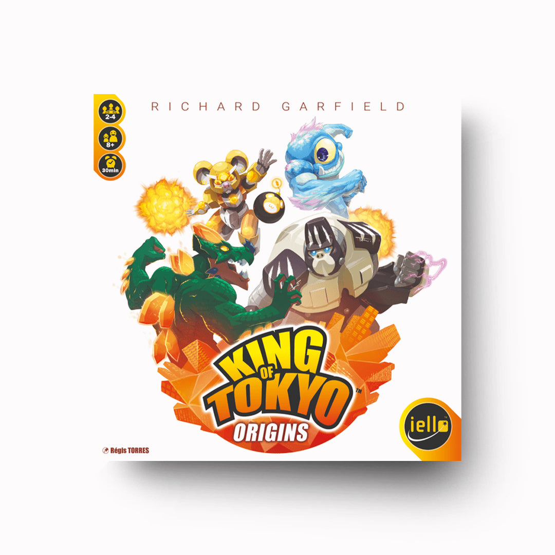 King of Tokyo Origins game box with colorful characters on a white background