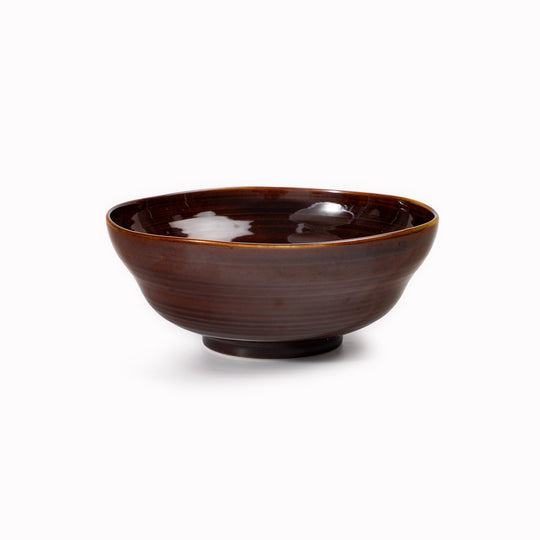 A rich brown glazed Japanese Mino ware deep bowl - suitable for udon noodles or ramen. The bowl is around 78mm high and 190mm in diameter. 