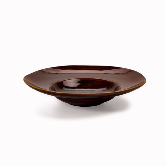 A rich brown glazed Japanese Mino ware bowl with a wide rim and hollowed out centre - suitable for serving pasta, starter dishes or soup.