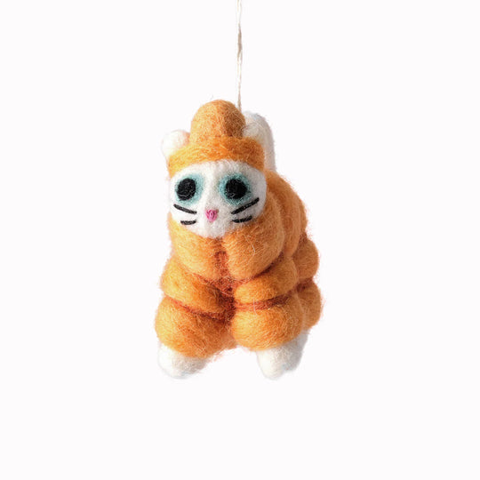 Lee, Cat in an orange puffa jacket. A playful felted Christmas tree decoration designed by Elliot Kruszynski.
