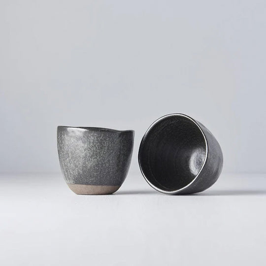 Collection. The Black Bisque Lopsided Tea-mug from Made in Japan is 7cm high and 200ml capacity.
