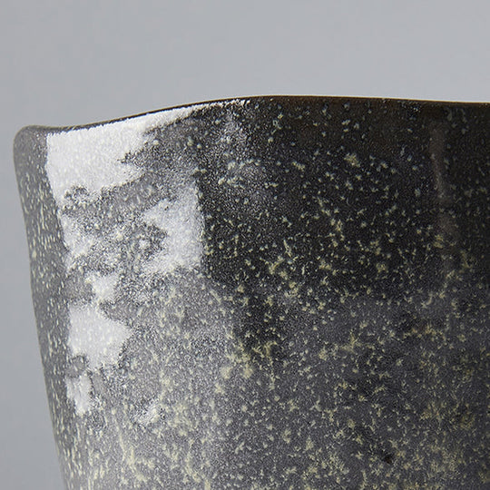 Detail of The Black Bisque Lopsided Tea-mug from Made in Japan is 7cm high and 200ml capacity.