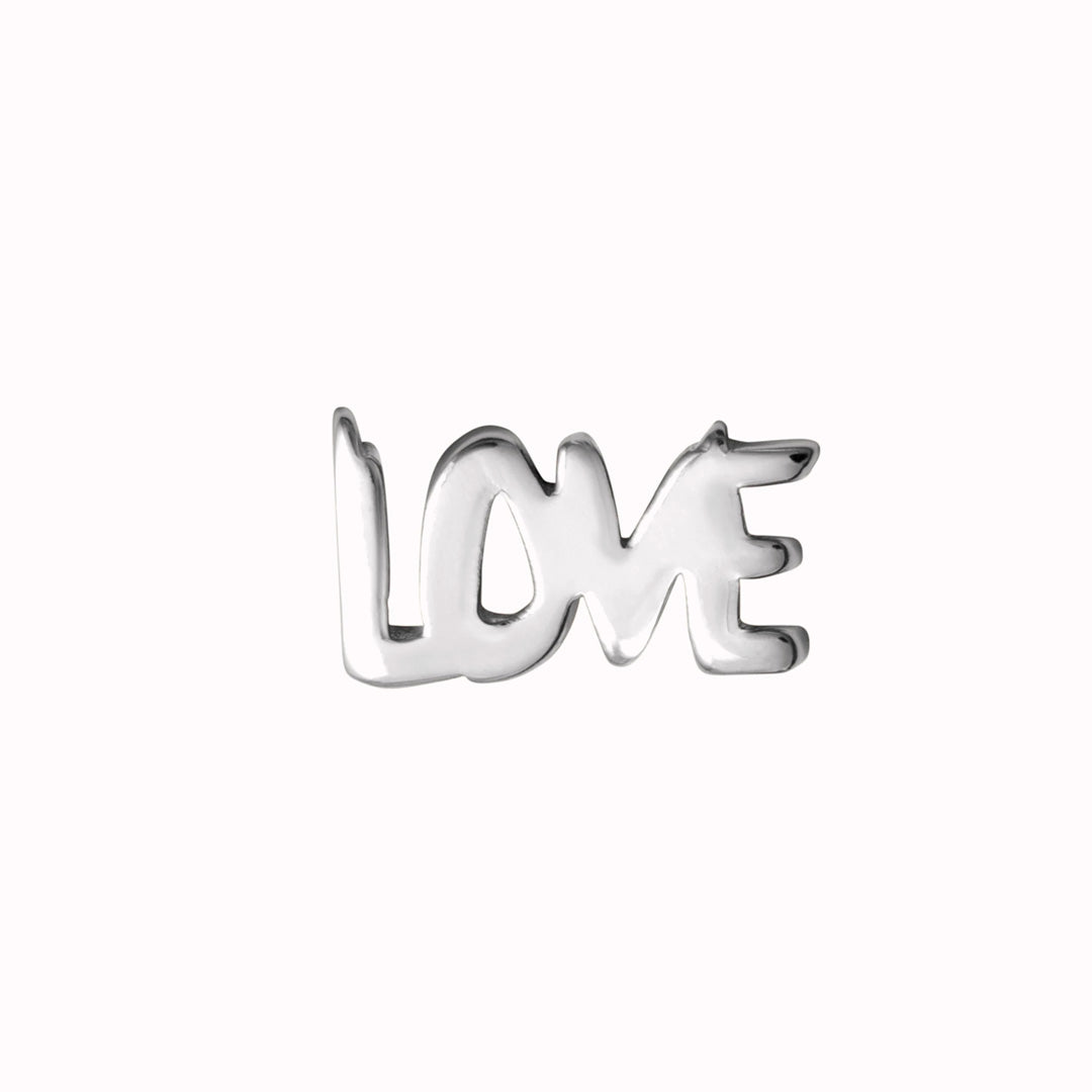 This earring spells out the word "LOVE" in capital letters.