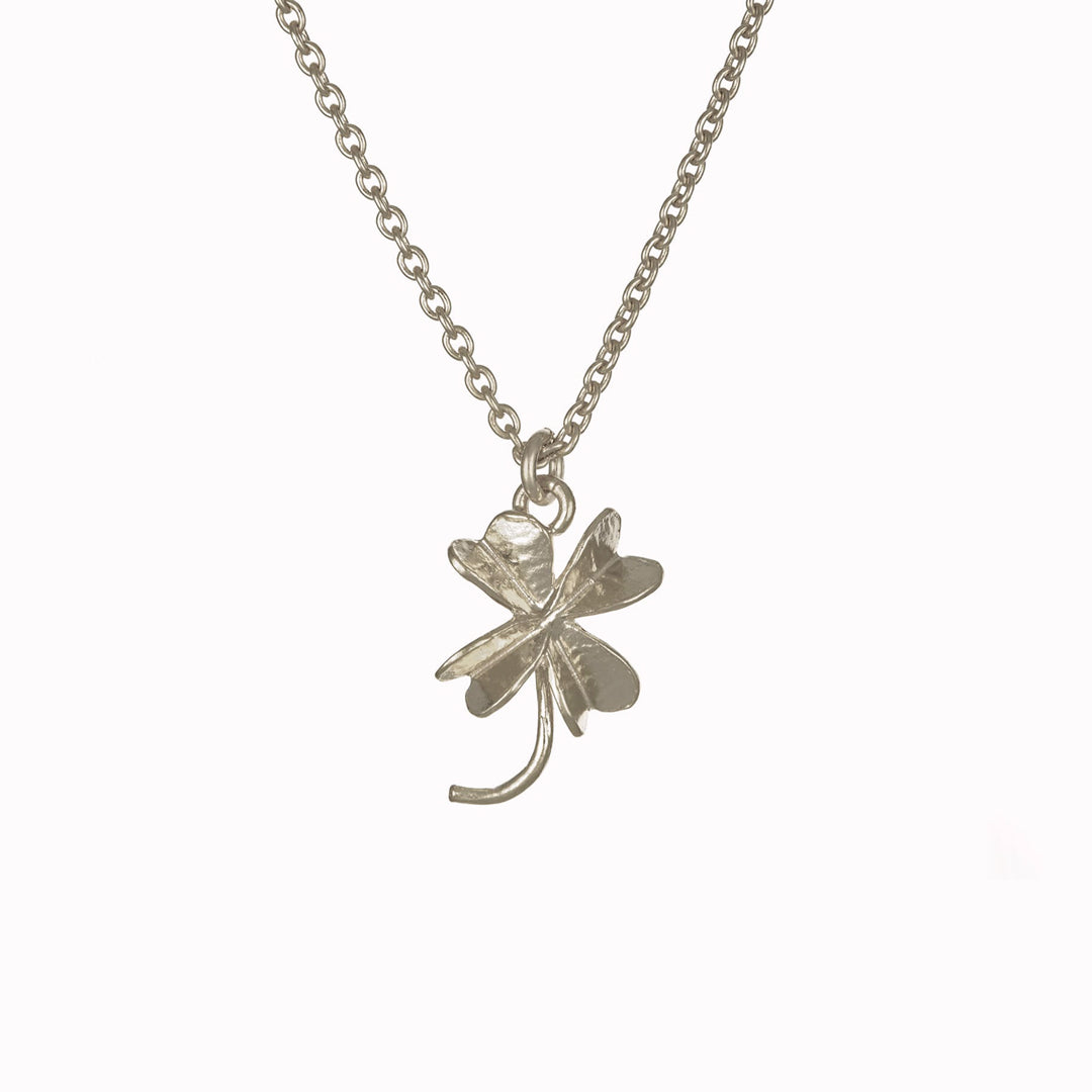Lucky Clover is an elegant four leaf clover pendant necklace by London jeweller Alex Monroe, available in Sterling Silver or 22ct Fairmined Gold Plated silver.